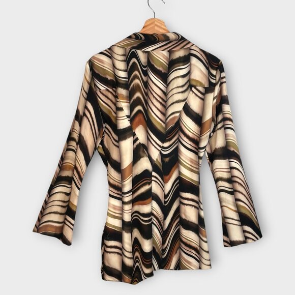 Zara Tunic Top MEDIUM Brown Black Swirled Stripes Ruched Waist - Picture 6 of 10